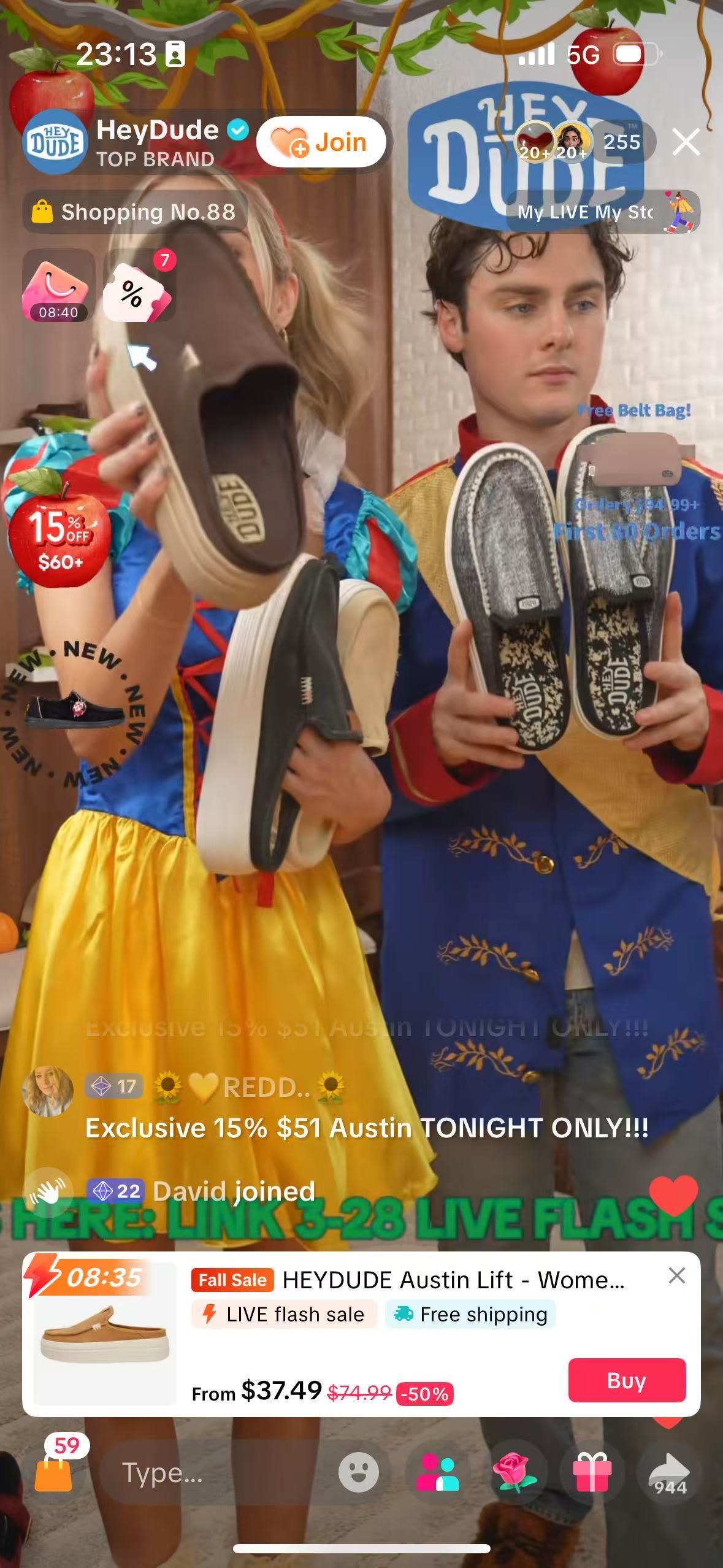HeyDude TikTok Live broadcast — Snow White themed